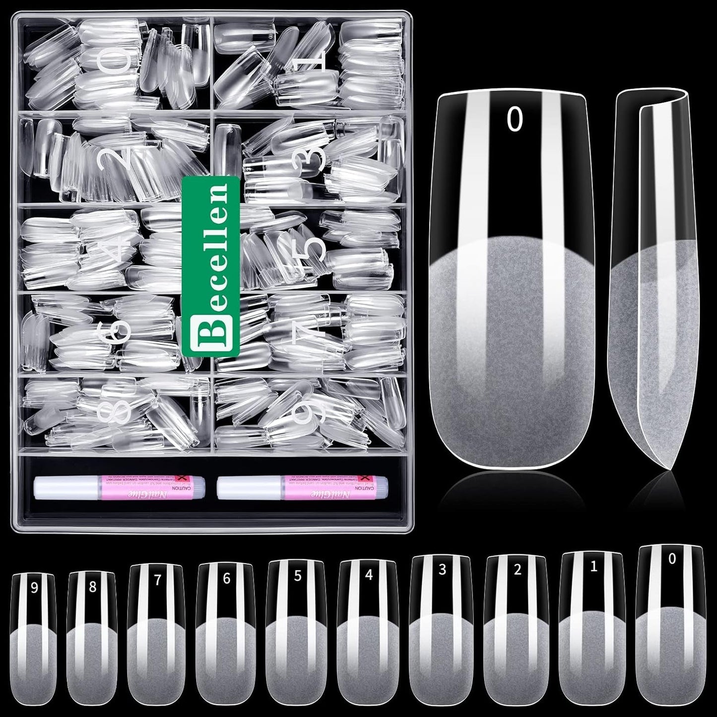 Becellen 500 Stück künstliche Nagelspitzen, weiche Gel-Nagelspitzen, vollständige Abdeckung, Gel-Nagelspitzen, vorpolierte künstliche Nägel, DIY-Nagelkunst-Kleber-Set (Mandeln)