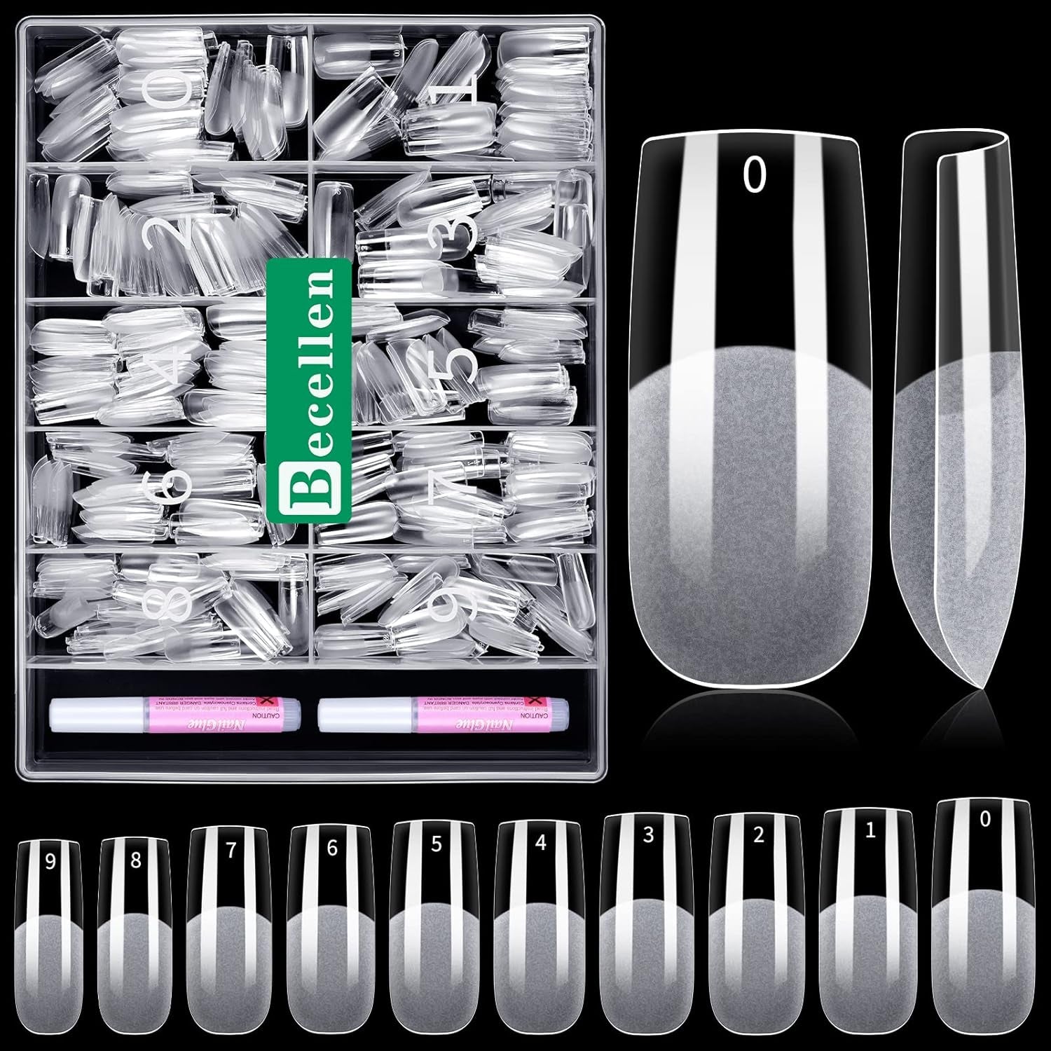 Becellen 500 Stück künstliche Nagelspitzen, weiche Gel-Nagelspitzen, vollständige Abdeckung, Gel-Nagelspitzen, vorpolierte künstliche Nägel, DIY-Nagelkunst-Kleber-Set (Mandeln)