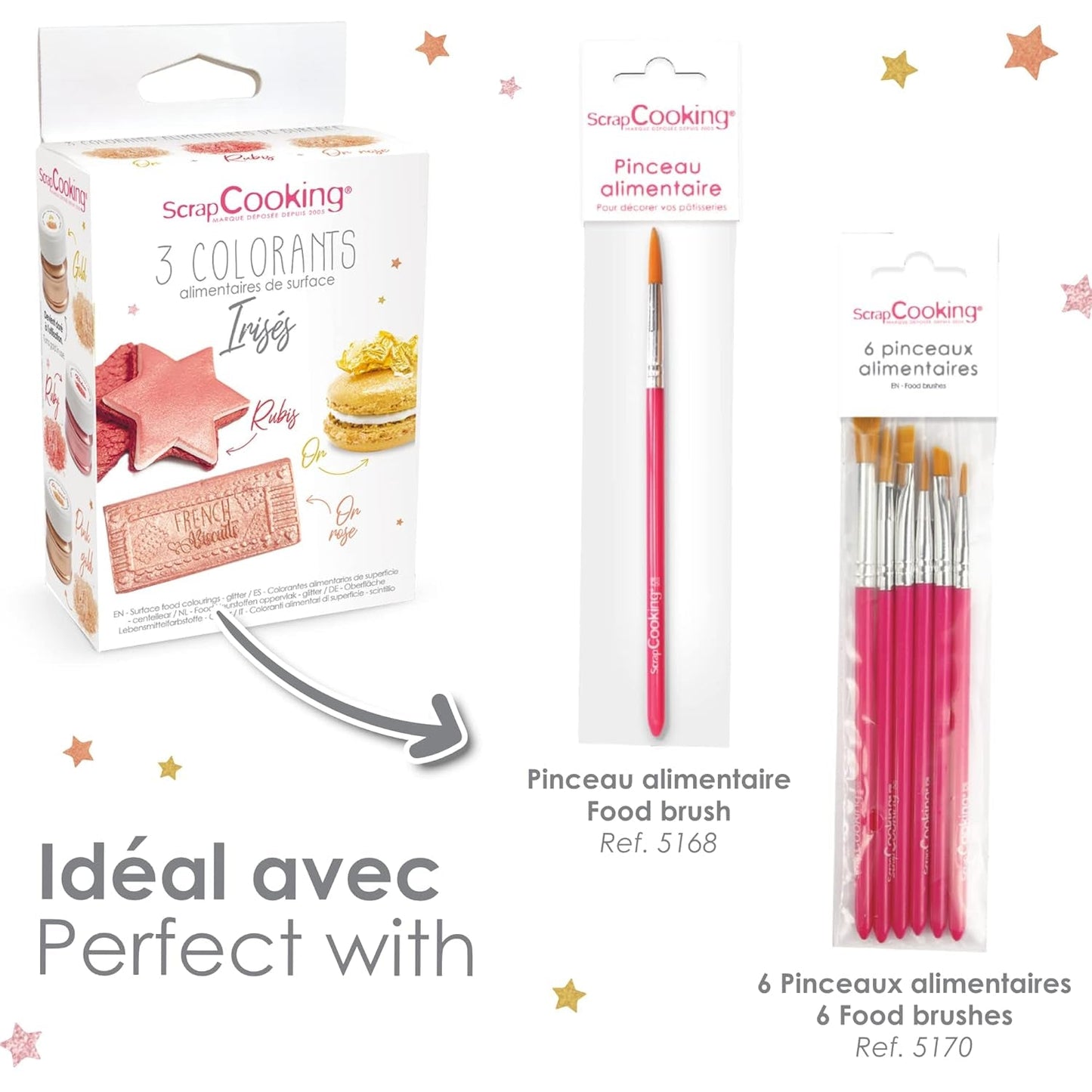 Scrapcooking – Set mit 3 metallischen Lebensmittelfarben – Lebensmittelfarbe: Gold, Roségold und Rubin – essbare Lebensmittelfarbe zum Backen, Kuchen, Kekse, Kuchen, Schokolade – 4019