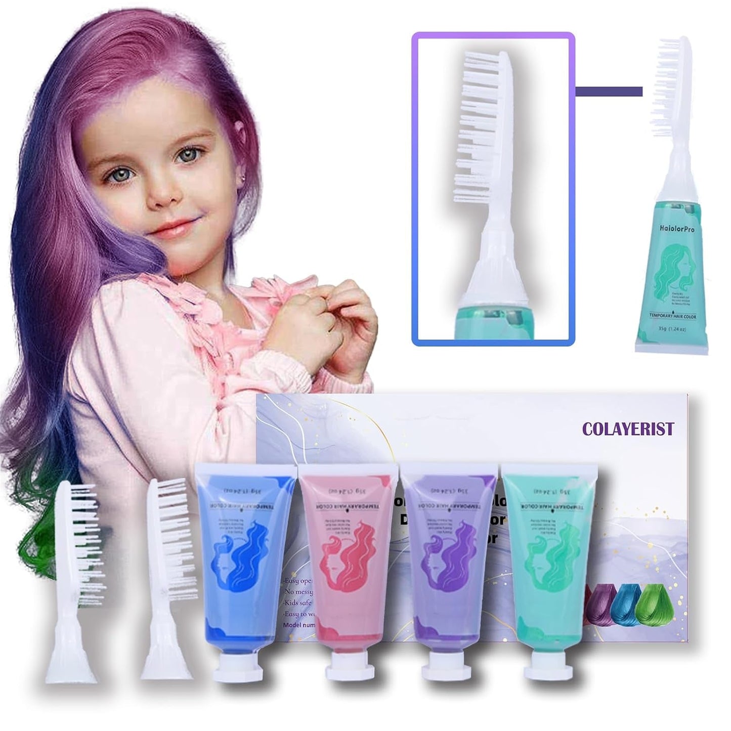 COLAYERIST Haarkreide 4 Farben Erwachsene Mädchen Haarkreide Kinder Temporäres Haarfärbeset Kinder Waschbar Ungiftige Haarkreide Geschenke Mädchen 6 7 8 9 10 11 12 13 Jahre alt Haarfärbemittel Naty Shop Grün + Blau + Rosa + Lila