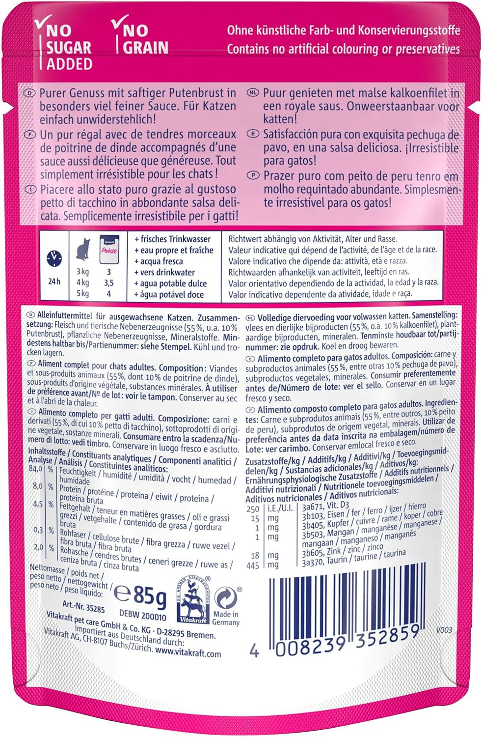 Vitakraft Poésie Délice, Nassfutter für Katzen, Katzenfutter in Soße, mit Truthahn, Großpackung, ohne Zusatz von Zucker oder Getreide (23 x 85g)