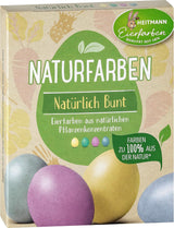 Heitmann Eierfärbe-Naturfarbset, 3 Eierfärbepulver (Gelb, Lila, Graublau), Graspapier-Aufkleberbogen