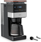 KRUPS Grind Aroma XL Espressokocher, abnehmbares konisches Mahlwerk, digitales Bedienfeld, XL-Kapazität (1,5 l), Warmhaltefunktion, Glaskaraffe, Schwarz/Edelstahl, KM842810