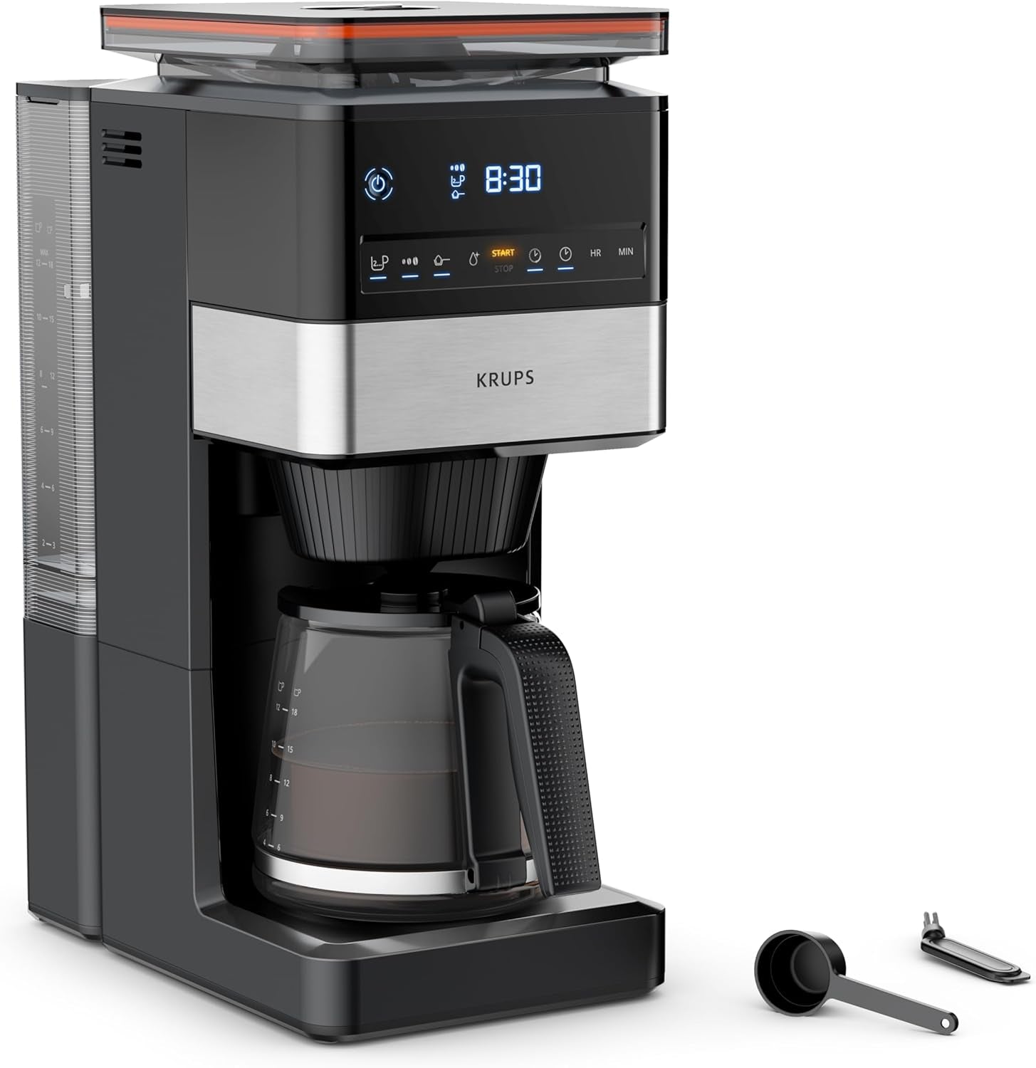 KRUPS Grind Aroma XL Espressokocher, abnehmbares konisches Mahlwerk, digitales Bedienfeld, XL-Kapazität (1,5 l), Warmhaltefunktion, Glaskaraffe, Schwarz/Edelstahl, KM842810