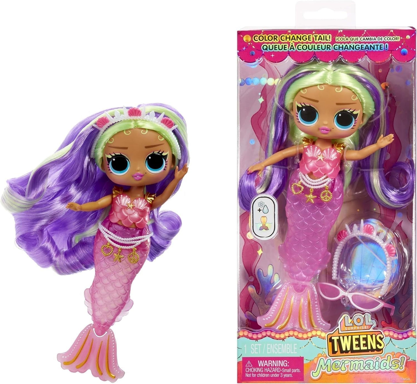L.O.L. Überraschung! Tweens – Lola Waves Mermaid – Modepuppe mit farbwechselndem Schwanz, beweglicher Flosse und schönen Accessoires – Spielzeug für Kinder und Sammler ab 4 Jahren Naty Shop Cleo Cove Dolls