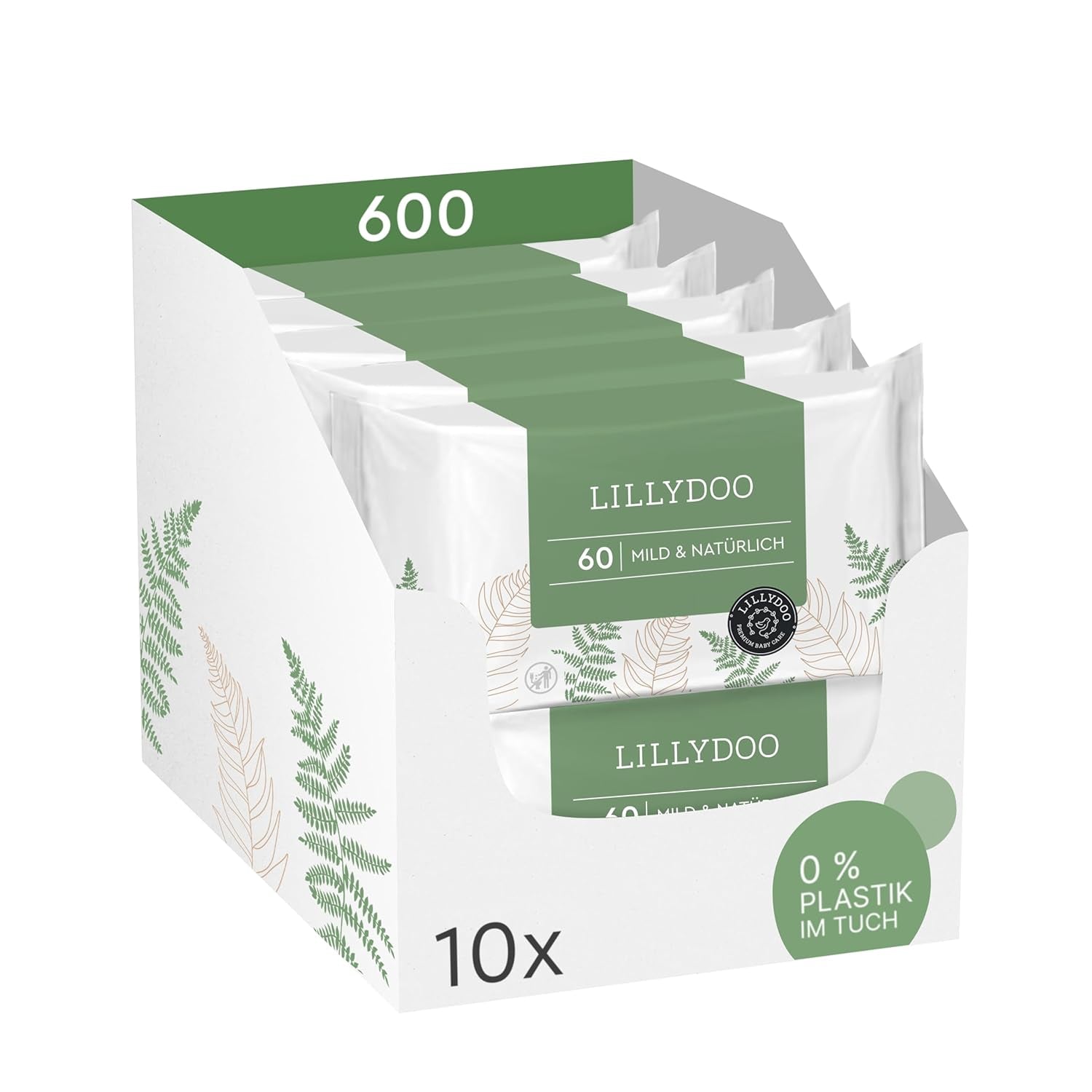 Grüne Feuchttücher von LILLYDOO, 600 Stück (10 x 60), 100 % plastikfrei, reißfestes Tuch – parfümfrei, sanft und natürlich, sanfte Reinigung für empfindliche Haut, dermatologisch getestet