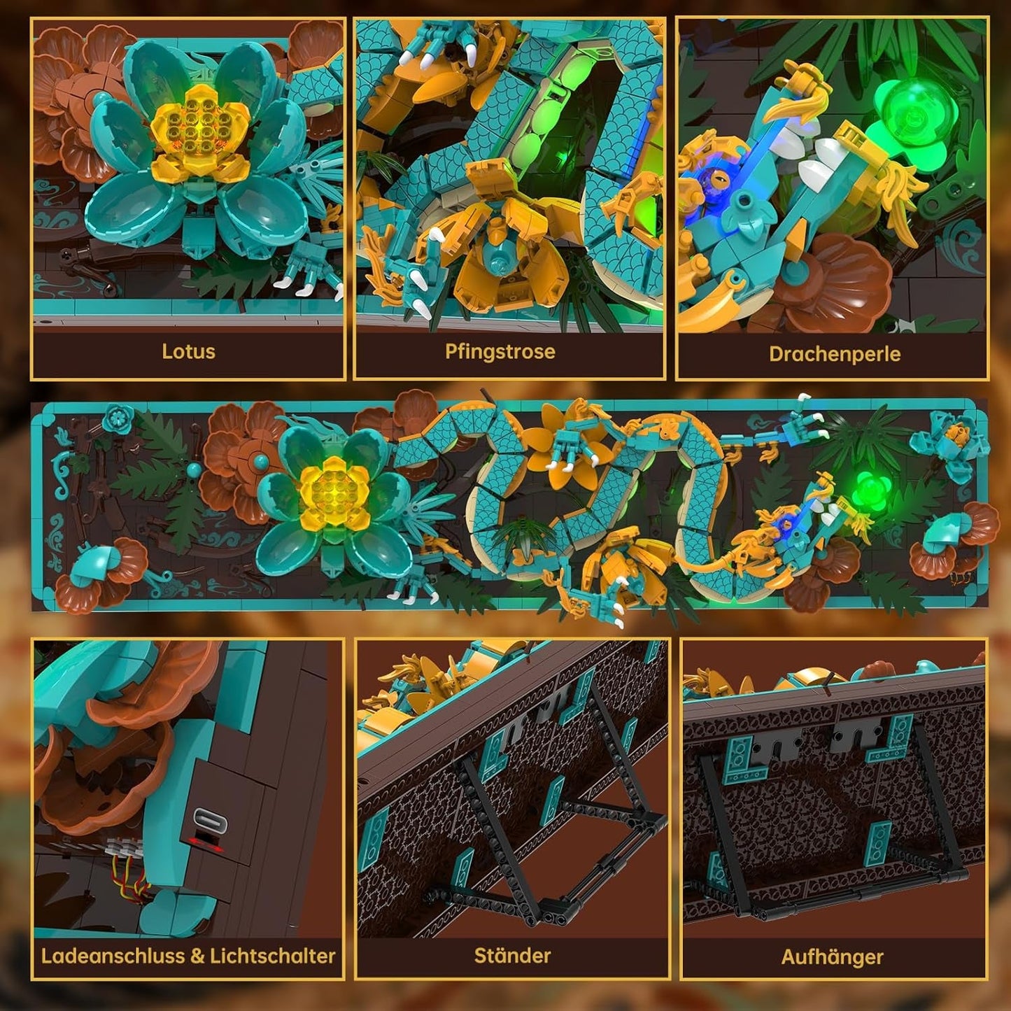 Mythischer Drache-Fliesenbausatz für Erwachsene, 3D-Göttliches Loong-Kunstbauspielzeug mit LED-Lichtern und Blumen, DIY-Drachen-Relief-Modellbausatz, kreative Geschenke und Dekorationen (1676 Teile)