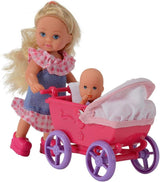 Simba 105736241 Evi Love Walk Doll, 2 sortierte Evi-Puppe mit Babypuppe, mit Puppenwagen, inklusive Zubehör, Modepuppe, 12 cm, für Kinder ab 3 Jahren