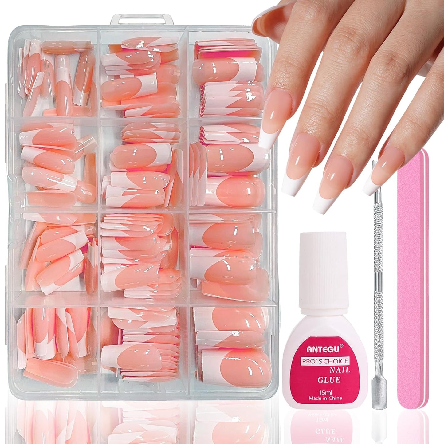 Set mit künstlichen Nägeln – 240 Stück, kurze, quadratische Nägel, weiches Gel, Modell Nude, weißer Farbverlauf, künstlicher natürlicher Kleber auf künstlichen Nägeln für Frauen, DIY (nackter Farbverlauf, 240 x)