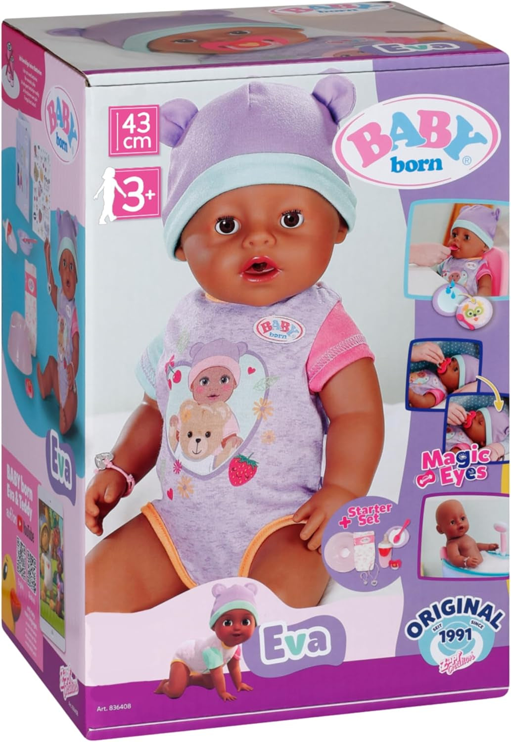 BABY Born Eva – Babypuppe 43 cm – 10 Funktionen inklusive Zubehör und Matratze – Funktioniert komplett ohne Batterien – Geeignet für Kinder ab 3 Jahren