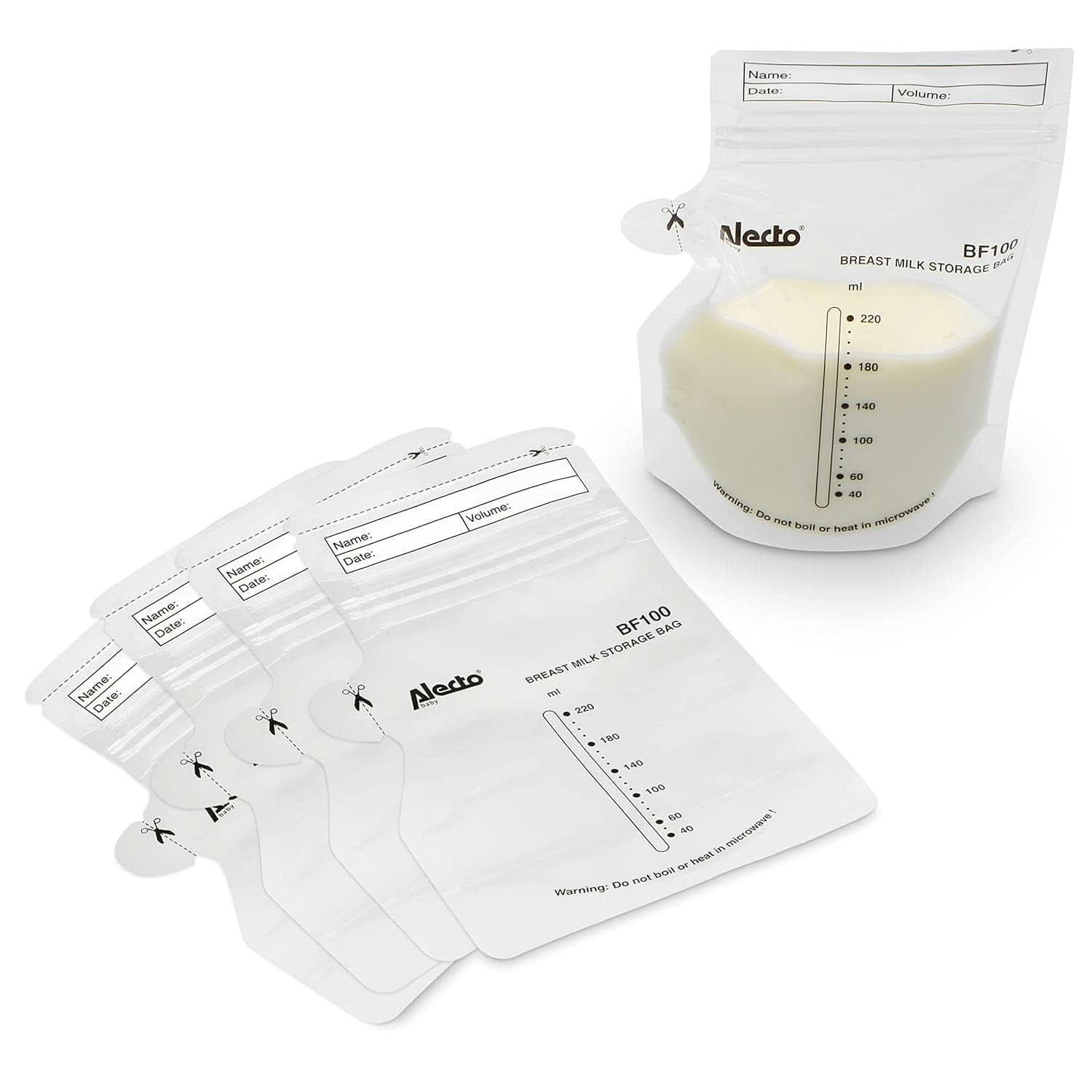 BF100 Aufbewahrungsbeutel für Muttermilch – Beutel für Muttermilch – Fassungsvermögen 220 ml – 100 Stück – Transparentes Lebensmittel- und Stillzubehör Bebe Naty Shop