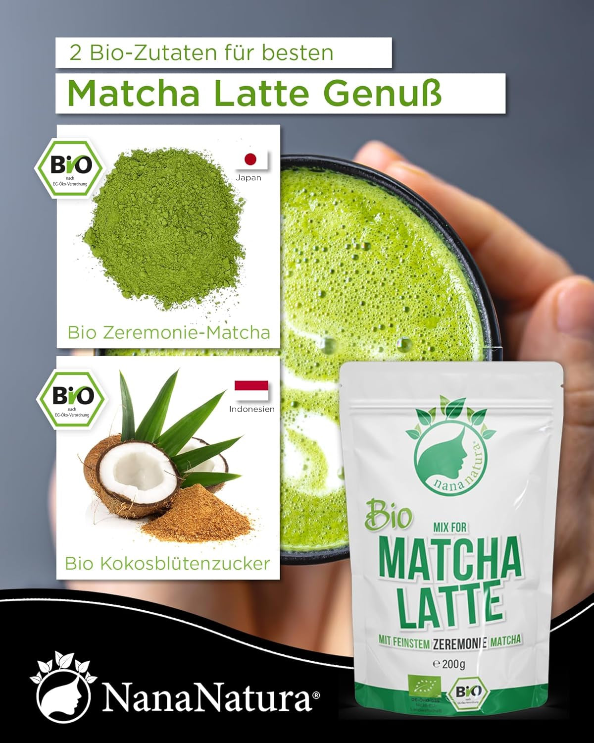 Nananaturas Bio-Matcha-Latte-Mischung mit 22 % Grüntee-Pulver in Zeremonienqualität aus Japan | Für einen einfachen und köstlichen Teegenuss | Auch für Eis und Gebäck geeignet