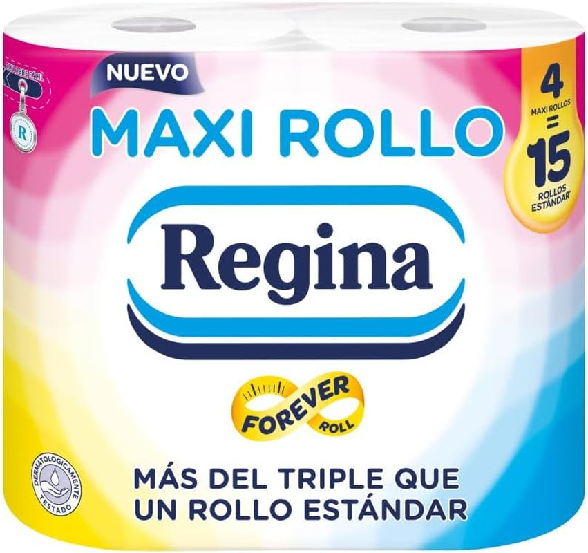 Regina Maxi-Roll – 4 Rollen Toilettenpapier, 500 2-lagige Blätter pro Rolle, mehr als das Dreifache einer Standardrolle, 60 % recycelte Kunststoffverpackung, 100 % FSC-zertifiziertes Papier