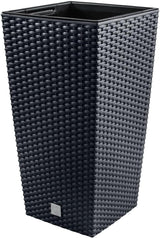 Prosperplast Rattan-Optik-Töpfe/Töpfe mit Einsatz | 26,5 x 26,5 x 50 cm | Anthrazit | witterungs- und UV-beständig | aus stabilem Kunststoff | für innen und außen