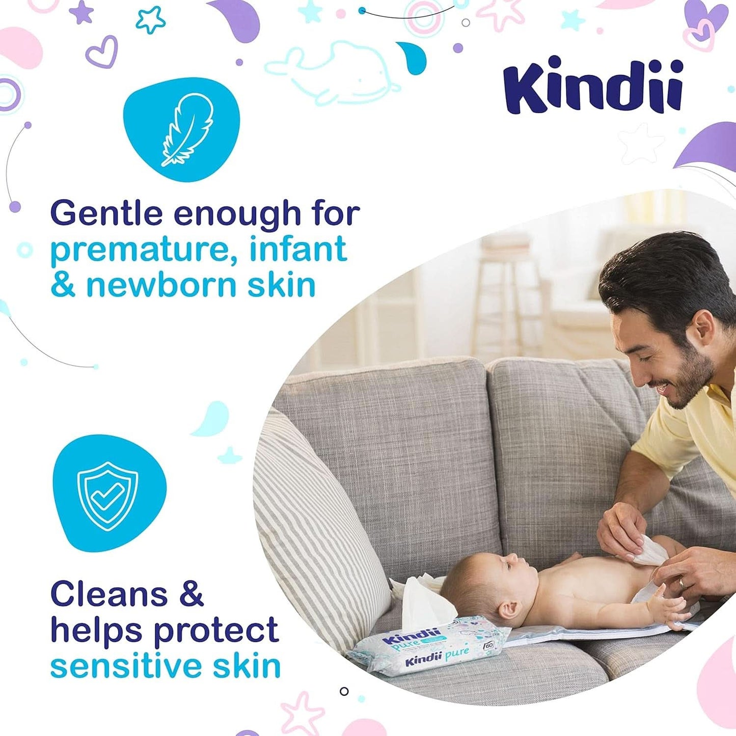 Kindii Feuchttücher Für Babies Und Kinder Pure Water 99% - 99%ige Zusammensetzung Auf Wasserbasis - Allantoin - Unparfümiert - Dermatologisch Getestet - Für Empfindliche Haut - 720 Stück - 12X60 Stück Naty Shop