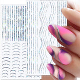 12 Blatt Laser-Glitzerlinien, selbstklebende Nagelaufkleber, holografische Aufkleber, bronzefarbene Streifen, Nagelaufkleber, französische Linie, gebogene Bögen, Wellenlinien, Nagelaufkleber, Nagelkunst-Zubehör