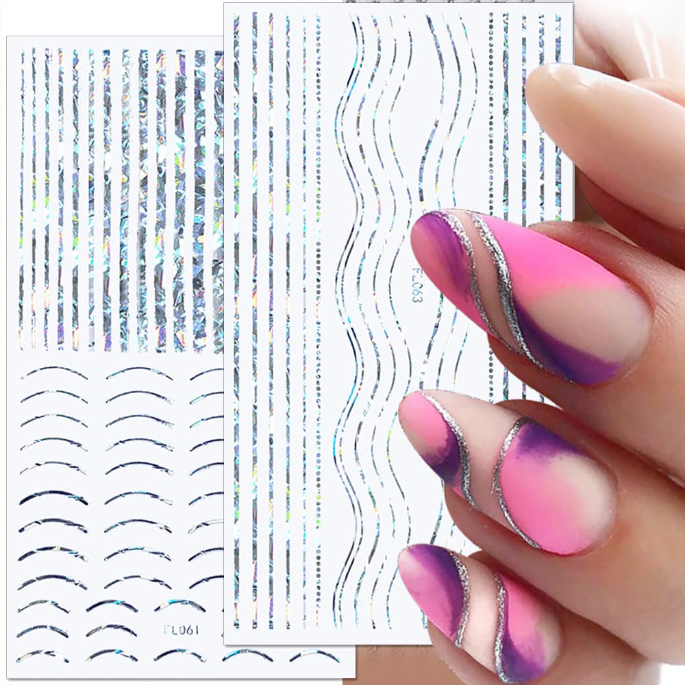 12 Blatt Laser-Glitzerlinien, selbstklebende Nagelaufkleber, holografische Aufkleber, bronzefarbene Streifen, Nagelaufkleber, französische Linie, gebogene Bögen, Wellenlinien, Nagelaufkleber, Nagelkunst-Zubehör