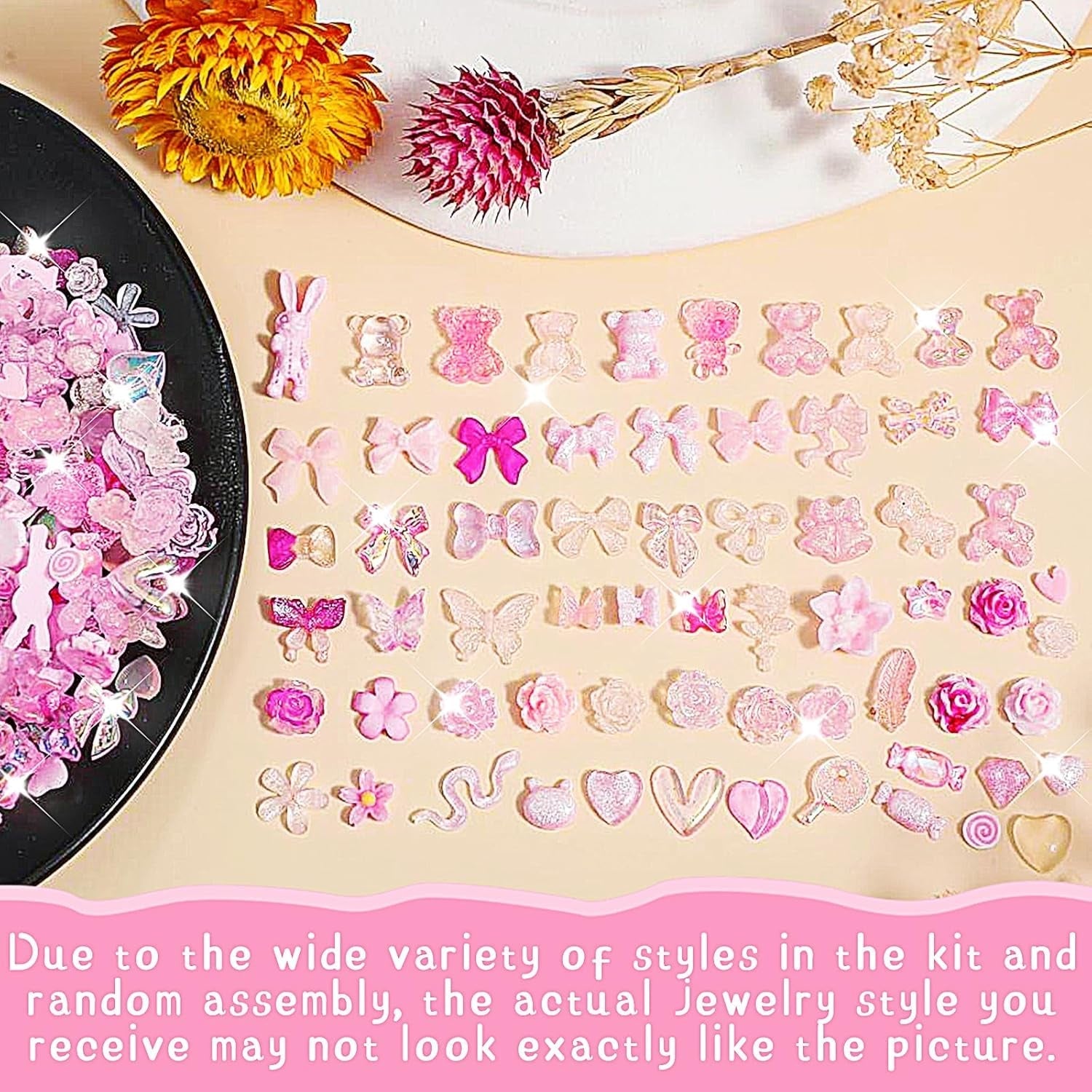 200 Stück Nail Art Charms 3D Nail Art Dekoration Set Bogen Nagel Anhänger Rosa Gemischter Stil Schleife Blume Teddybär Lutscher Herzform Nail Art Dekoration DIY Handwerk Nageldesign
