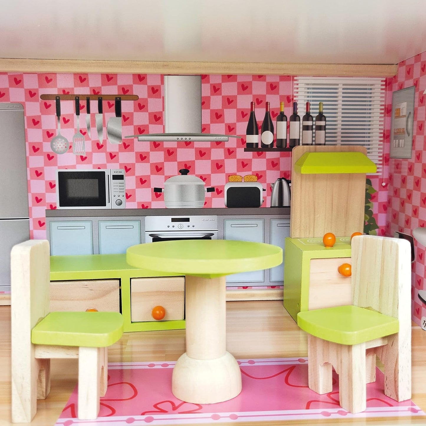 Bino World of Toys Puppenhaus mit Balkon, Spielzeug für Kleinkinder ab 3 Jahren, mit 3 Etagen, Treppen, 4 Zimmern und Balkon inkl. 15-TLG. Zubehör, Zur Förderung der Fähigkeiten von Kindern, Puppenhäuser im rosa Design von Naty Shop