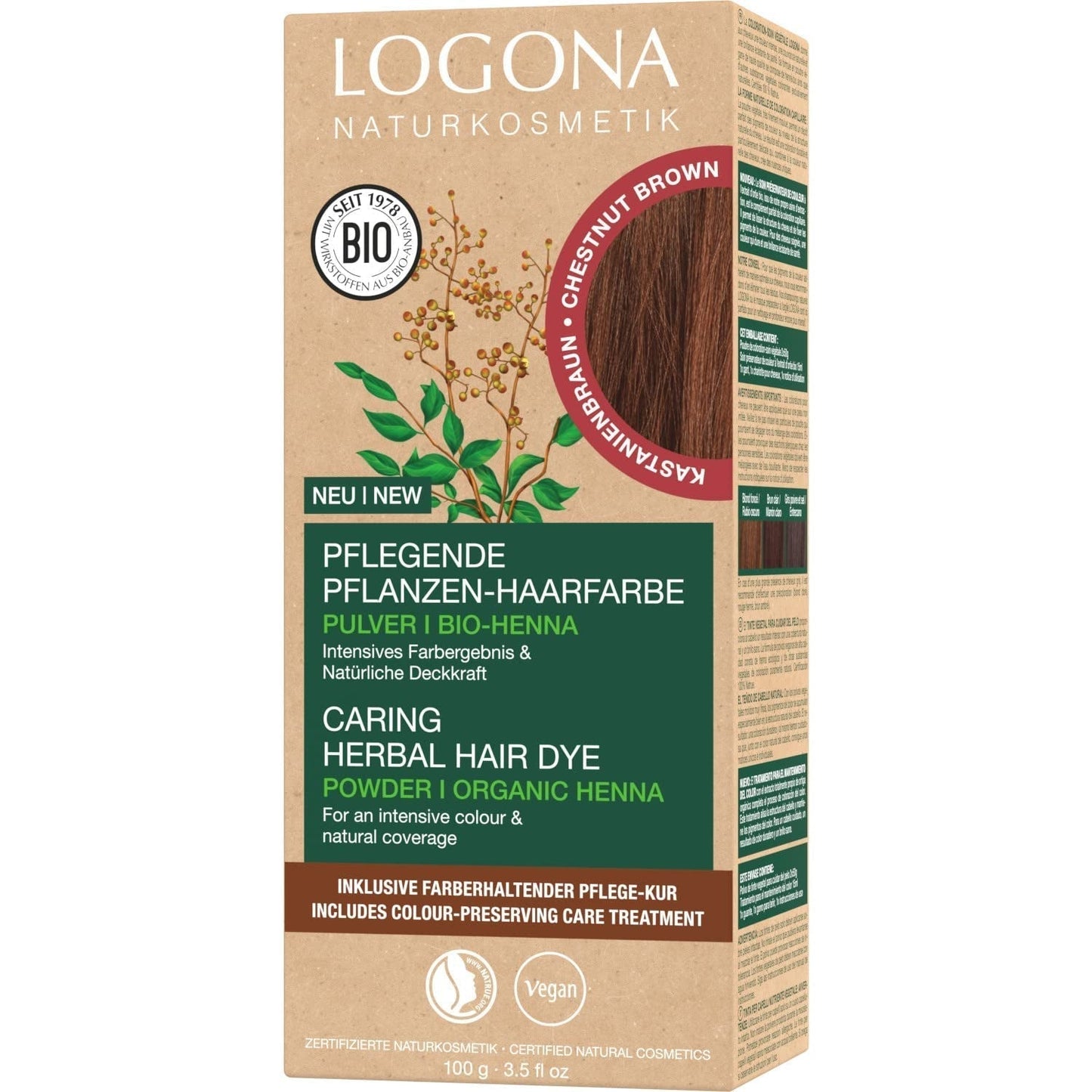 LOGONA Naturkosmetik Kräuter-Pflege-Haarfarbe, Bio-Henna-Pulver, vegane Haarfarbe für intensive Farbe und Glanz, Pflanzen-Haarfarbe in Kupferblond (Blond), 1 x 100 g Naty Shop Kastanien-Haarfarbe 100 g (1 Packung)