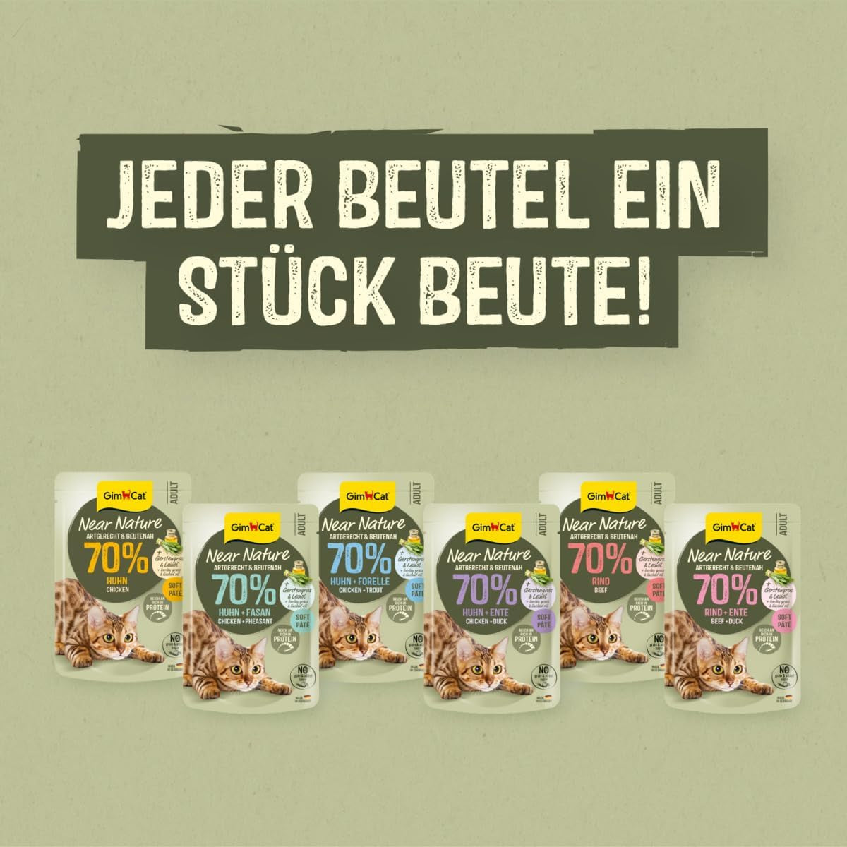 GimCat Near Nature Trial Mix 12er Pack – getreidefreies Nassfutter für Katzen ab 7 Monaten mit artgerechter und beutespezifischer Rezeptur – 12 Beutel (12 x 85 g)