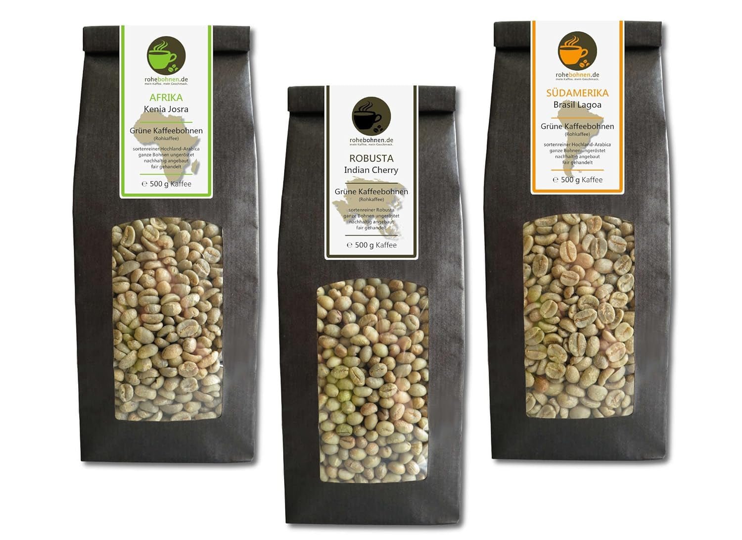 Rohkaffee - Rohkaffee Kenia, Indien, Brasilien (reduzierte Packung grüne Kaffeebohnen 3x500g) - GMP-Zertifikat