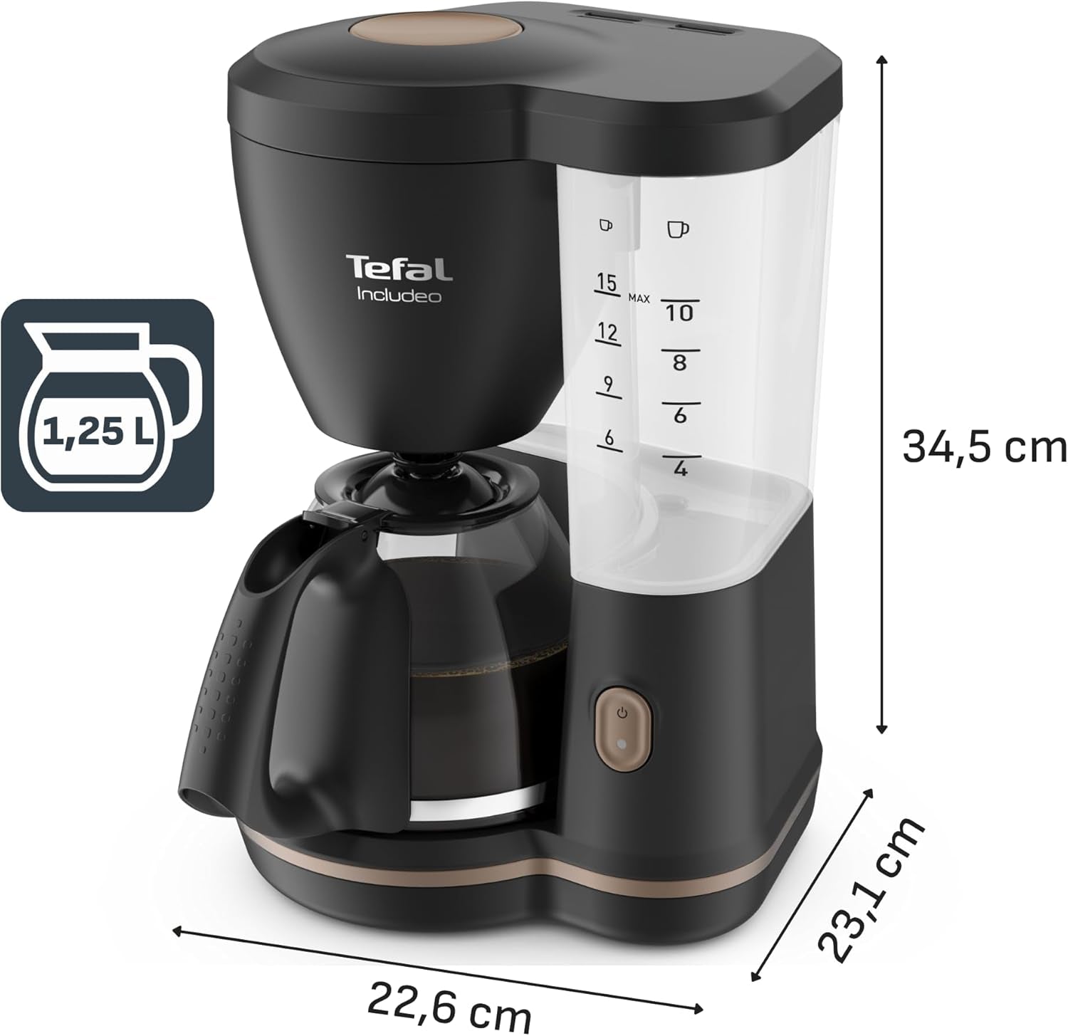 Tefal Includeo Filter-Espressomaschine, Espressomaschine extrem einfach zu bedienen, für Rechts- und Linkshänder geeignet, automatische Deckelöffnung, 1,25 l, 10 bis 15 Tassen, CM533811