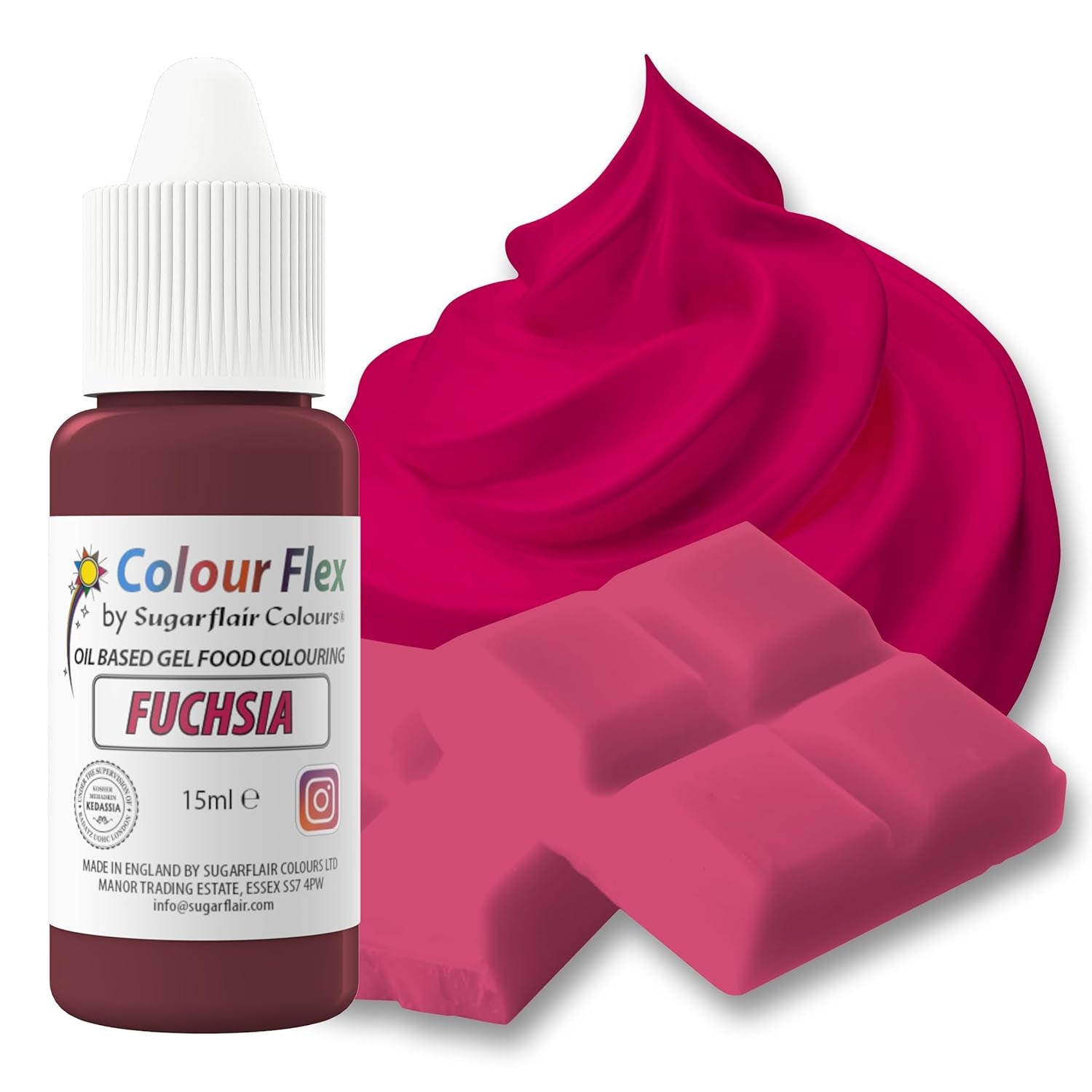 Sugarflair Colourflex Fuchsia Lebensmittelfarbe auf Ölbasis, hochkonzentrierte flüssige Lebensmittelfarbe, Lebensmittelfarbe für Buttercreme, Schokolade, Teig, Fondant, Zuckerguss und mehr – 15 ml