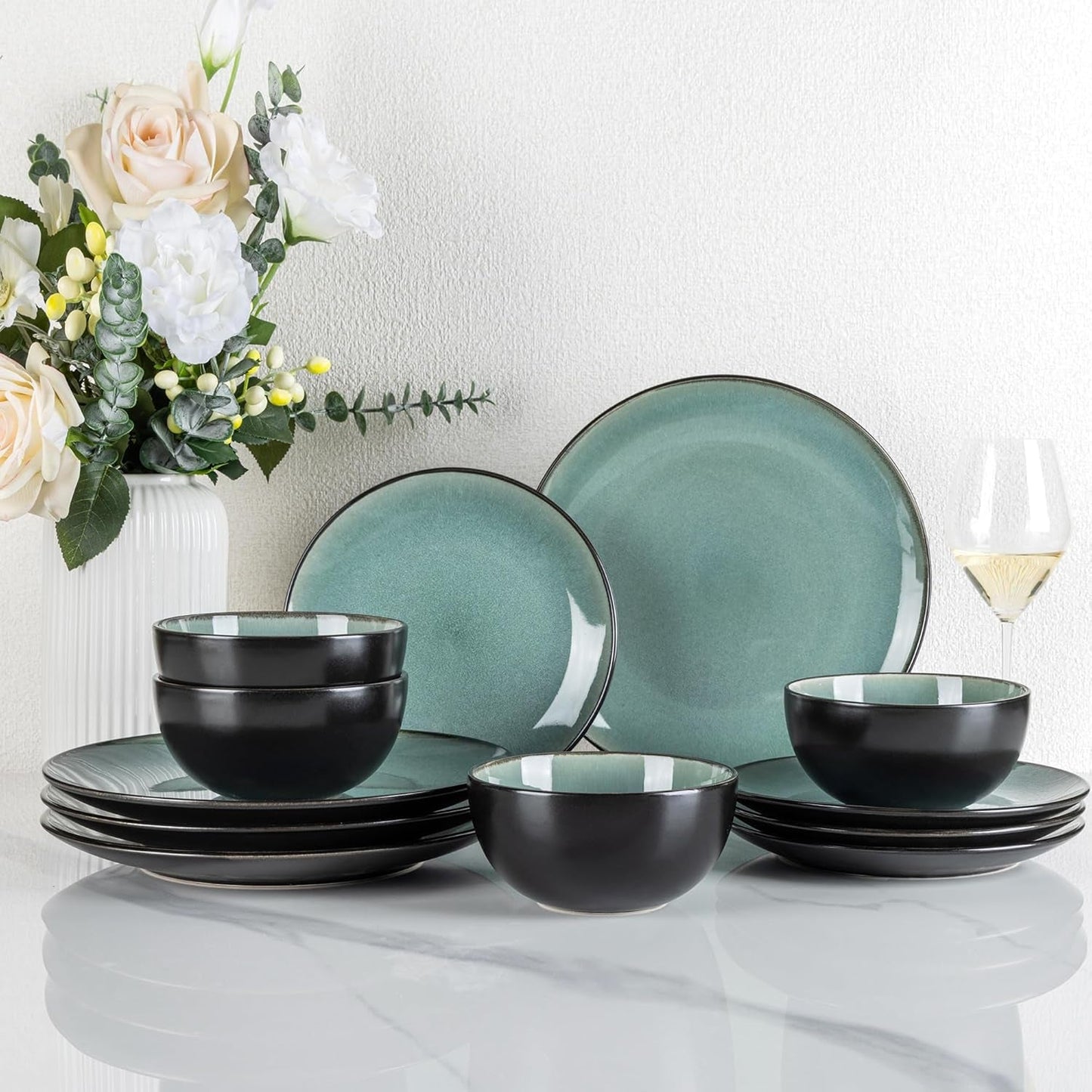 GBhome Porzellan-Geschirr-Set für 4 Personen, 12-teilig, mit reaktiver Glasur, handgefertigt, mikrowellen- und spülmaschinenfest, Schüssel- und Teller-Set, Benzinfarbe, GDW025WB-EU