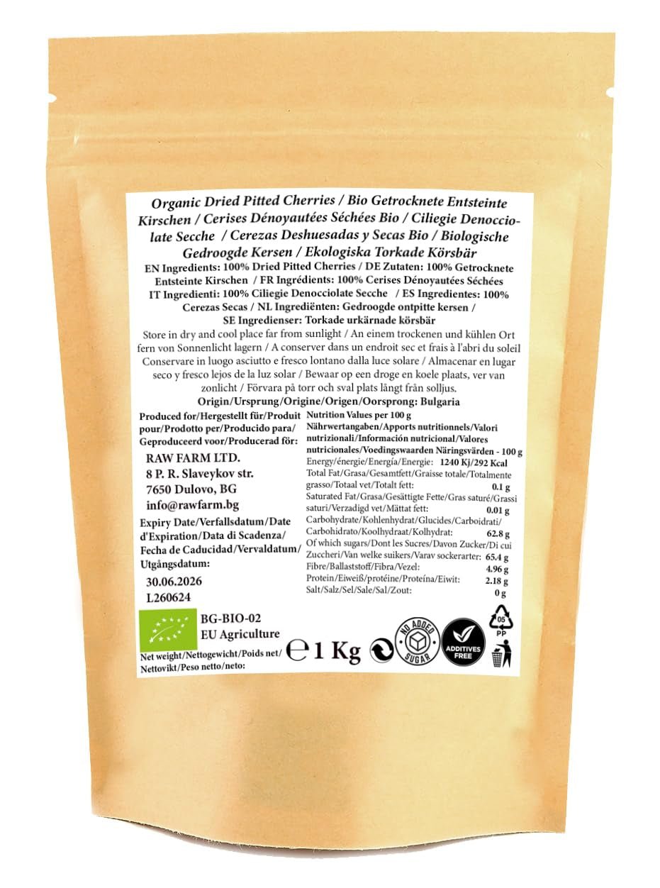1 kg getrocknete Bio-Kirschen, ohne Kerne, ohne Zusatzstoffe, Süßungsmittel und Konservierungsstoffe. Dehydrierte Produkte Naty Shop
