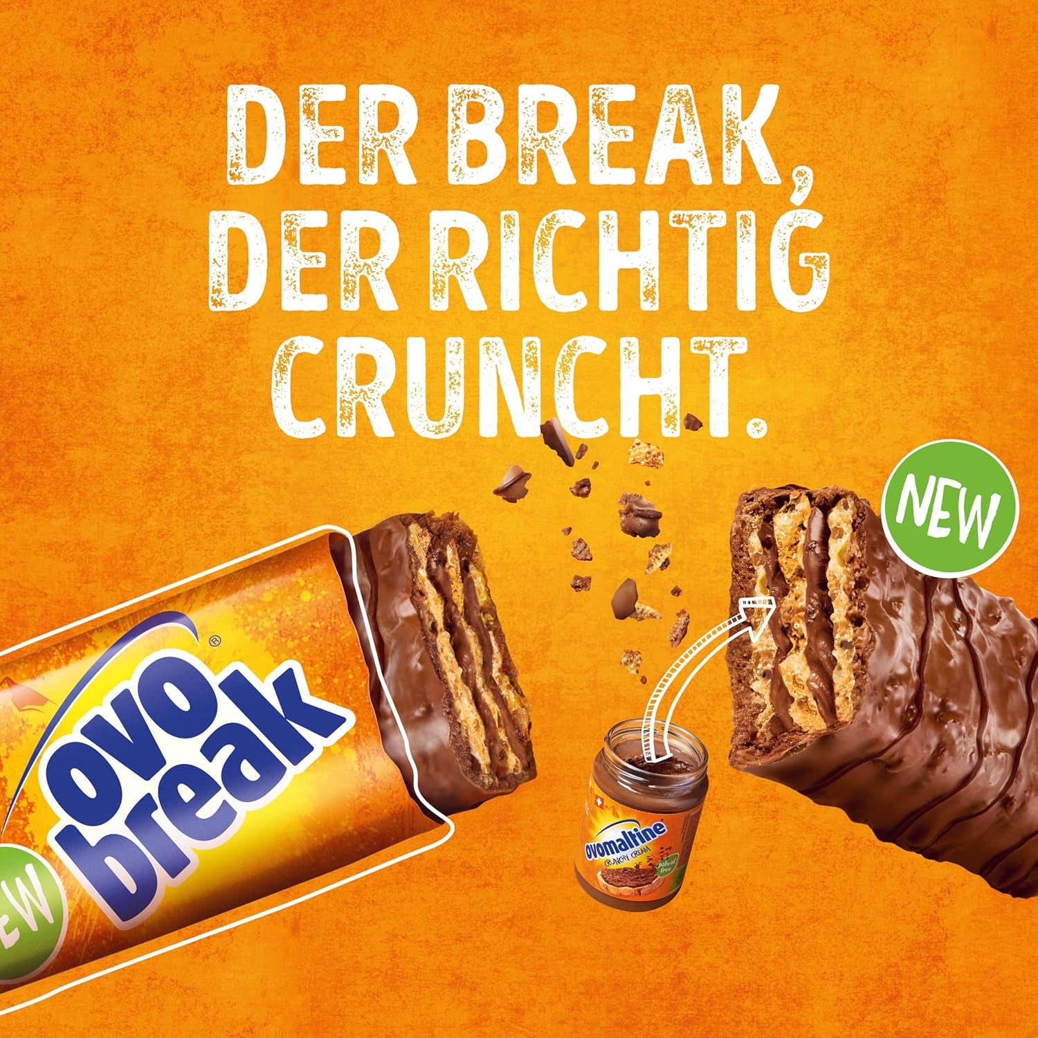 Ovomaltine OVO BREAK Waffel- und Schokoriegel – ein knuspriger Snack mit dem unverwechselbaren Geschmack unserer beliebten Creme Crocante, natürlich ohne Palmöl (4 x 39g)