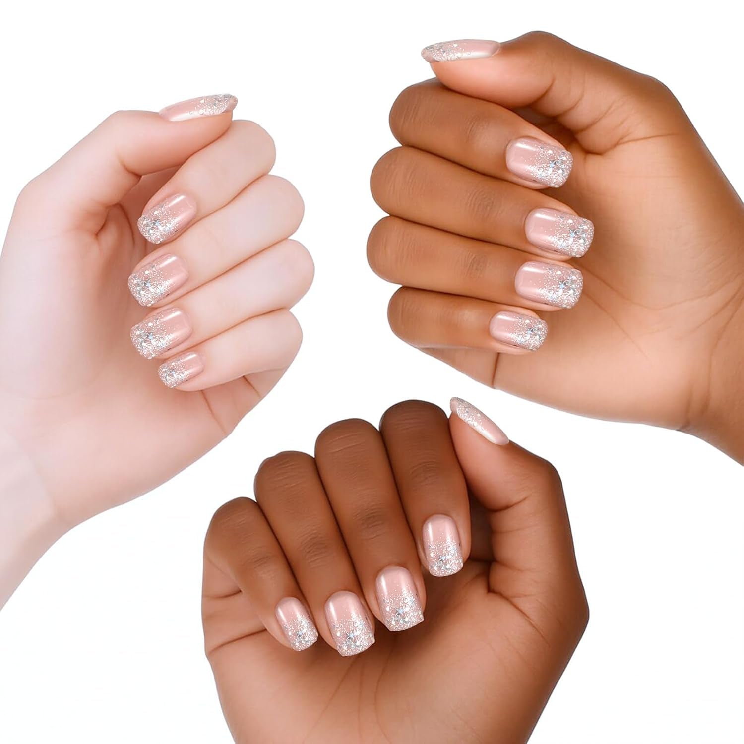 48 Stück kurze Nägel zum Aufkleben, 2 Stile, kurze quadratische französische Nägel mit Nagelkleber und Nagelfeile, rosa, weiße Ombre-Kunstnägel für Frauen