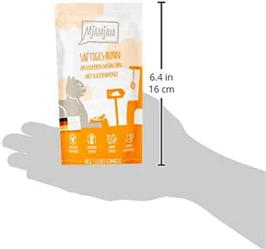 MjAMjAM – Premium-Nassfutter für Katzen – zusammendrückbarer Beutel – Saftiges Huhn mit leckeren Karotten, 12er-Pack (12 x 125 g), getreidefrei mit extra Fleisch