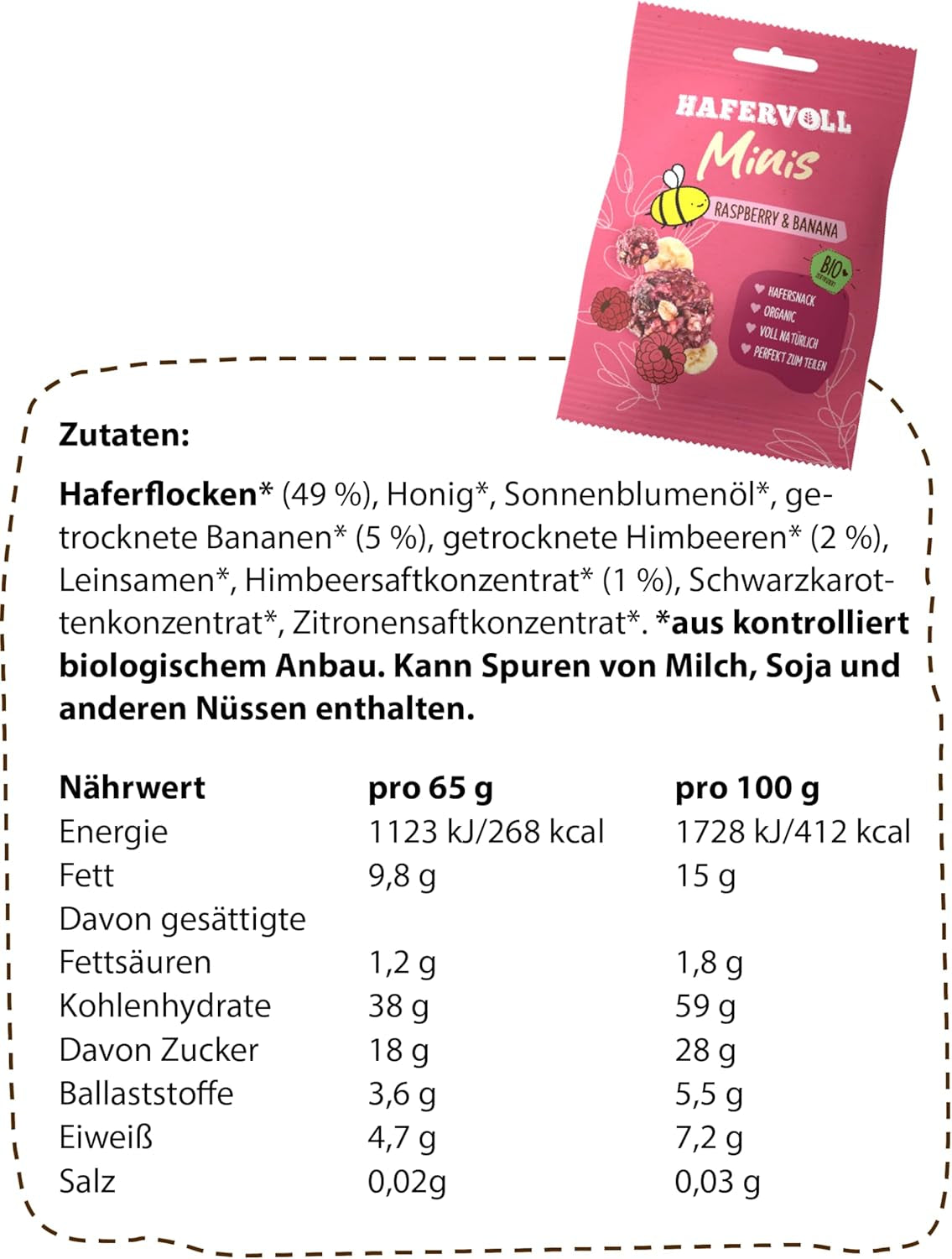 HAFERVOLL Minis Raps und Banane 8x 65g - Bio-zertifiziert, mit Honig, ohne Zuckerzusatz, perfekt zum Teilen
