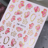 Gold Linie Schieber Rosa Nagelsticker Blumen 3D Flower Nail Sticker Sakura Blütenblätter Blumen Nagelaufkleber Frühling Sommer Floral Nagel Sticker Flowers Nagel Sticker Nageldesign Zubehör Nail Art