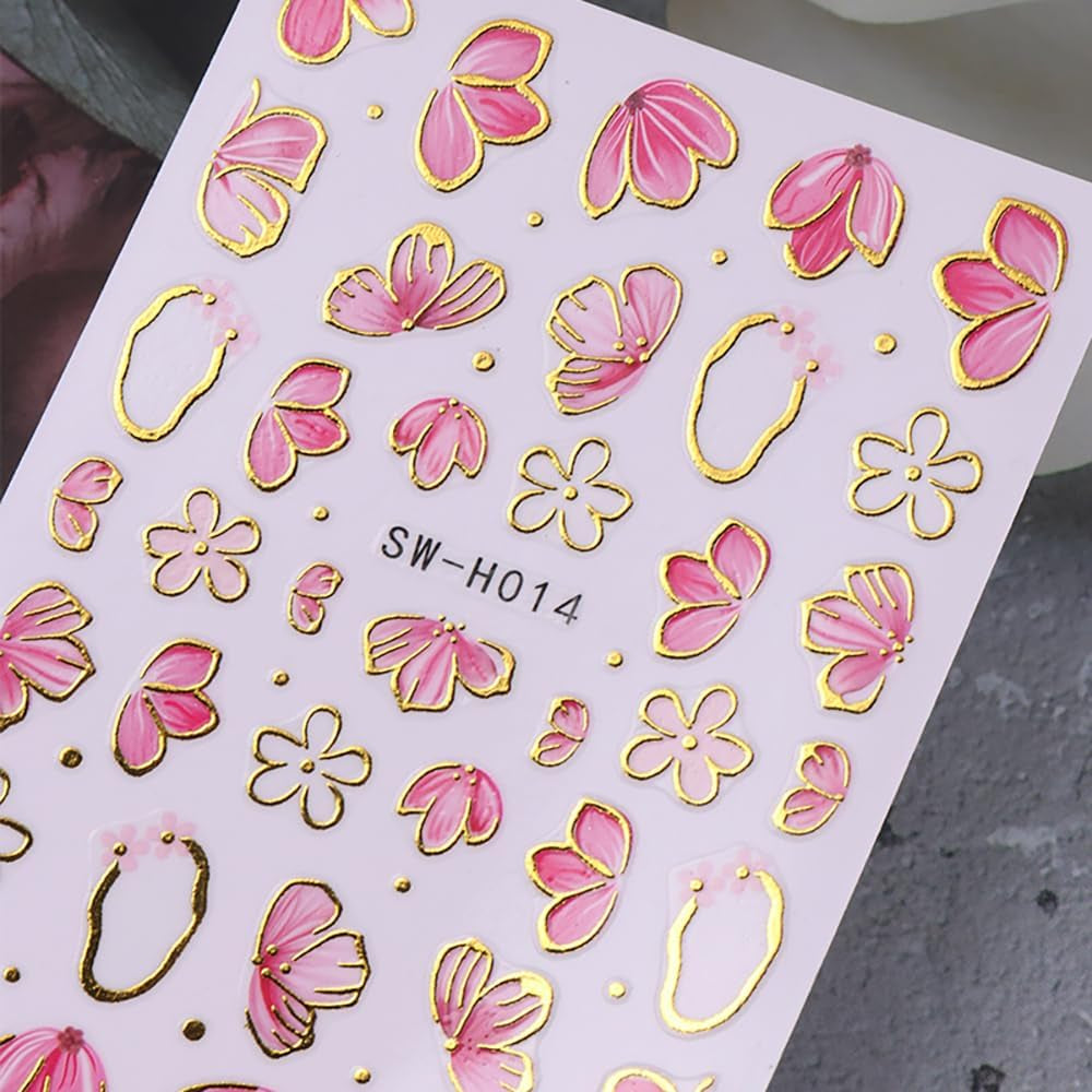 Gold Linie Schieber Rosa Nagelsticker Blumen 3D Flower Nail Sticker Sakura Blütenblätter Blumen Nagelaufkleber Frühling Sommer Floral Nagel Sticker Flowers Nagel Sticker Nageldesign Zubehör Nail Art