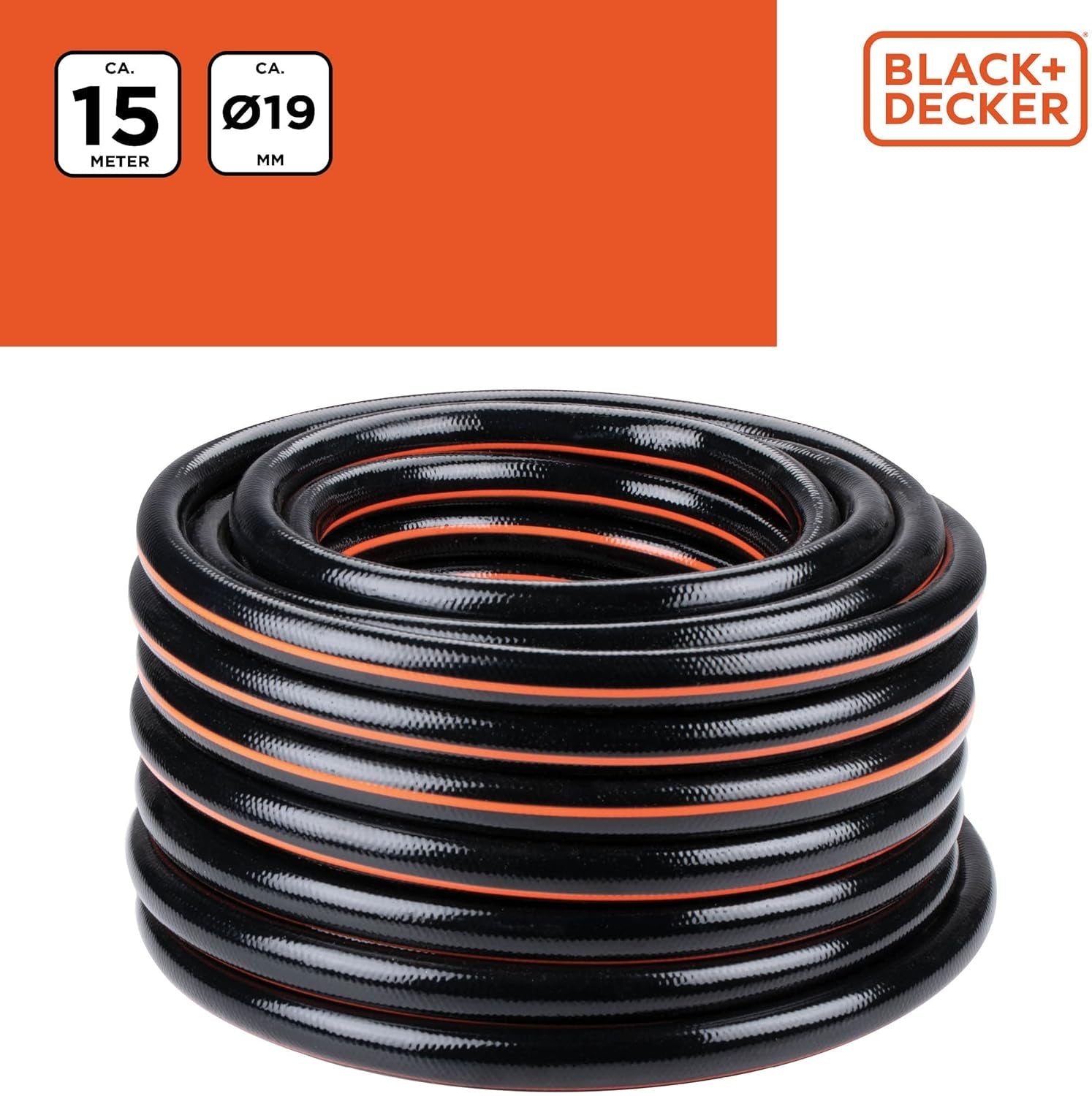 BLACK+DECKER Gartenschlauch 15 Meter – Ø19MM – Strapazierfähiges PVC – Den Garten bewässern, das Auto waschen, den Pool füllen – Kompatibel mit jedem Standard-Wasserhahn – Schwarz/Orange