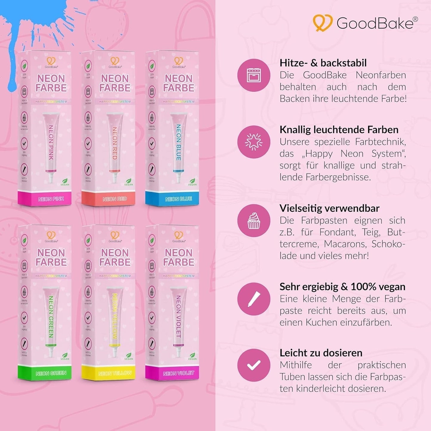 Goodbake Neonlebensmittelfarben 6 Farben Set – Intensive Lebensmittelfarbe – Lebensmittelfarbpaste – Zum Einfärben von Torten, Fondant, Buttercreme Uvm. – 100 % veganer Naty Shop