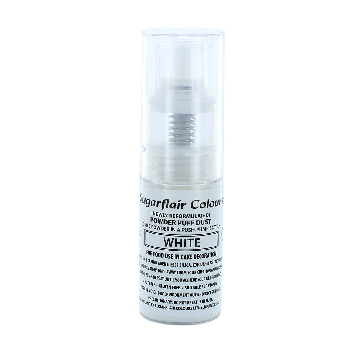 Weißes Pumppulver-Spray von Sugarflair – Lebensmittelfarbe zum Dekorieren von Kuchen, aerosolfreies Spray für Kuchen, Muffins und mehr – 10 g
