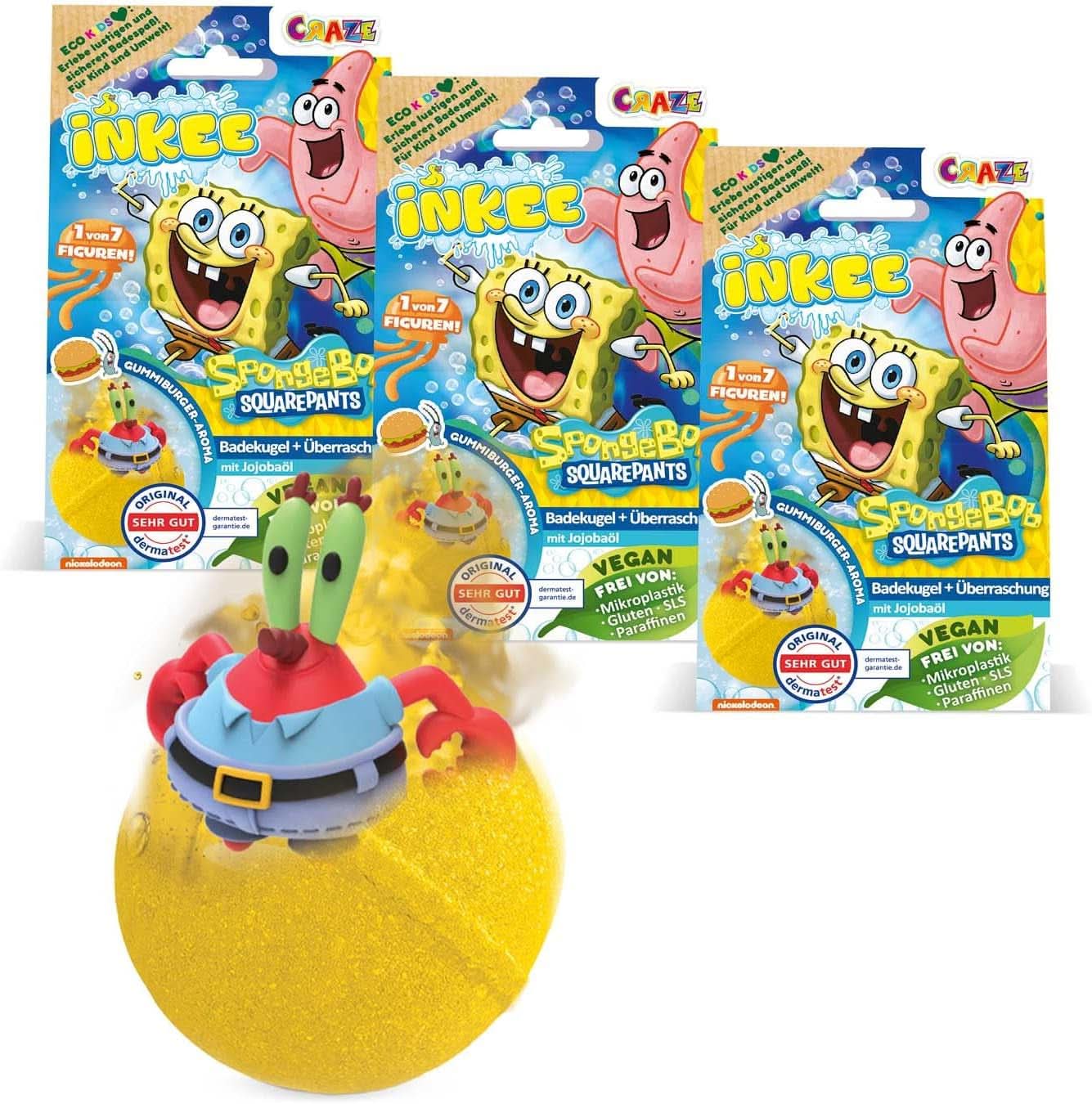 INKEE Spongebob Surprise Kinderbadebombe Spongebob Schwammkopf Sammlerstück 80 Gramm Naty Shop Set mit 3 Spongebob Surprise Badebomben