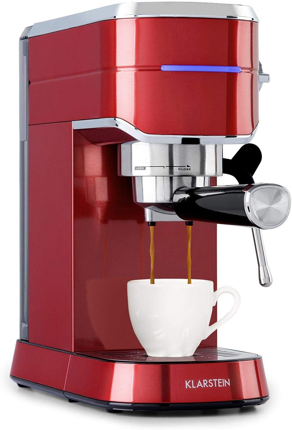 Klarstein Futura Espressomaschine, tragbare Filter-Espressomaschine, 1450 W, 20 bar, Barista-Qualität, Doppeldüse, Flow Stop, tragbare Filter-Espressomaschine, Milchaufschäumfunktion, Silber
