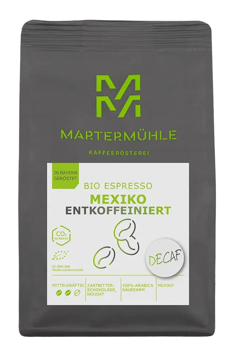 Martermühle Mexiko Bio Espressobohnen entkoffeiniert 1kg mittelkräftig I Arabica I Geschmacksrichtung: Nougat, Zartbitterschokolade I Ganze Bio Espresso-Bohnen schonend geröstet, säurearm