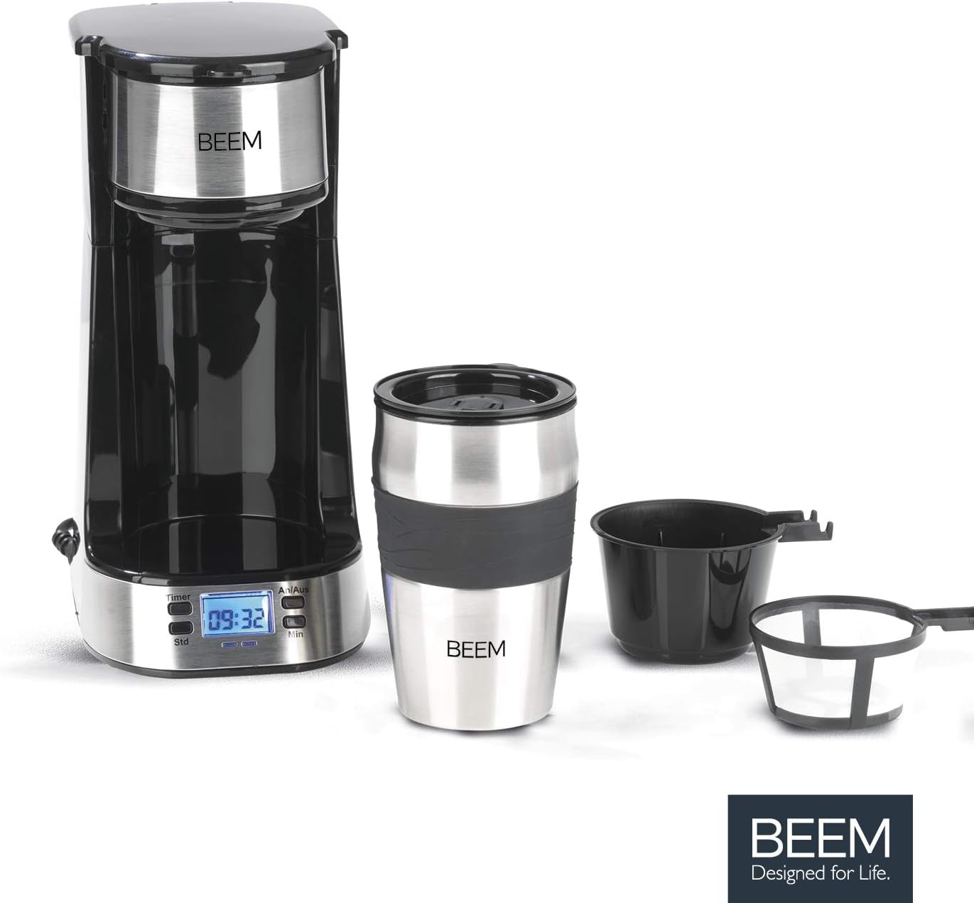 BEEM THERMO 2 GO Einzelfilter-Espressomaschine mit 0,4 l Thermobecher | Permanentfilter | Mit 24-Stunden-Timer für eine heiße Tasse Kaffee am Morgen, kein Warten | 750 W