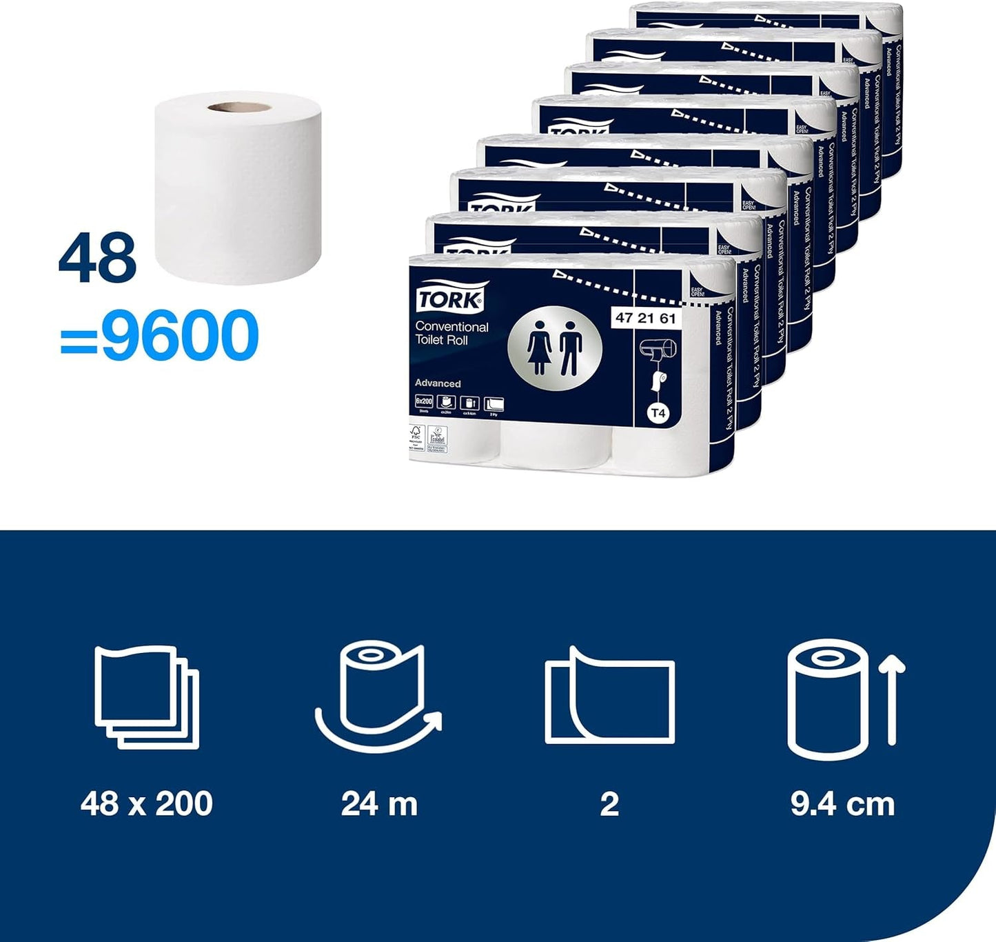 Toilettenpapier Tork Small Roll White T4, Advanced, 2-lagig, 48 × 200 Blatt, 472161