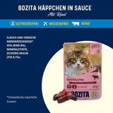 Bozita Pouch Nassfutterstücke in Rindfleischsauce – 12 Beutel x 85 g Getreide- und weizenfreies Nassfutter für Katzen – Nassfutter für erwachsene Katzen mit 8,5 % Protein und 4,5 % Fett