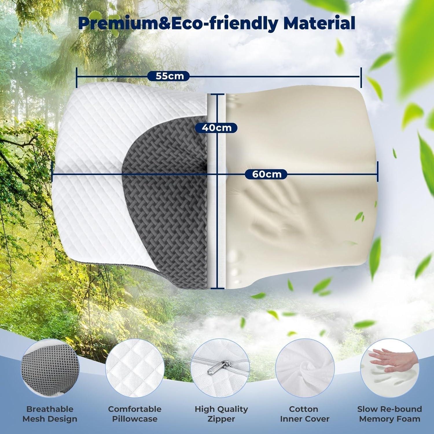 SAHEYER orthopädisches Kissen Nackenstützkissen Kopfkissen, ergonomisches Nackenkissen Seitenschläferkissen 60 x 40 x 13/11 cm Memory-Schaum-Kissen für Seitenschläfer, Rücken und Bauch Zervikale orthopädische Kissen Naty Shop