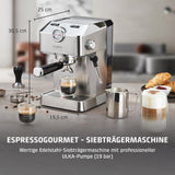 Caso Espresso Gourmet – Siebträger-Espressomaschine aus Edelstahl, leistungsstarke 19-bar-Ulka-Pumpe, mit Milchaufschäumer, für gemahlenen Kaffee oder ESE-Kaffeekapseln, für 2 Tassen, mit Tassenwärmer