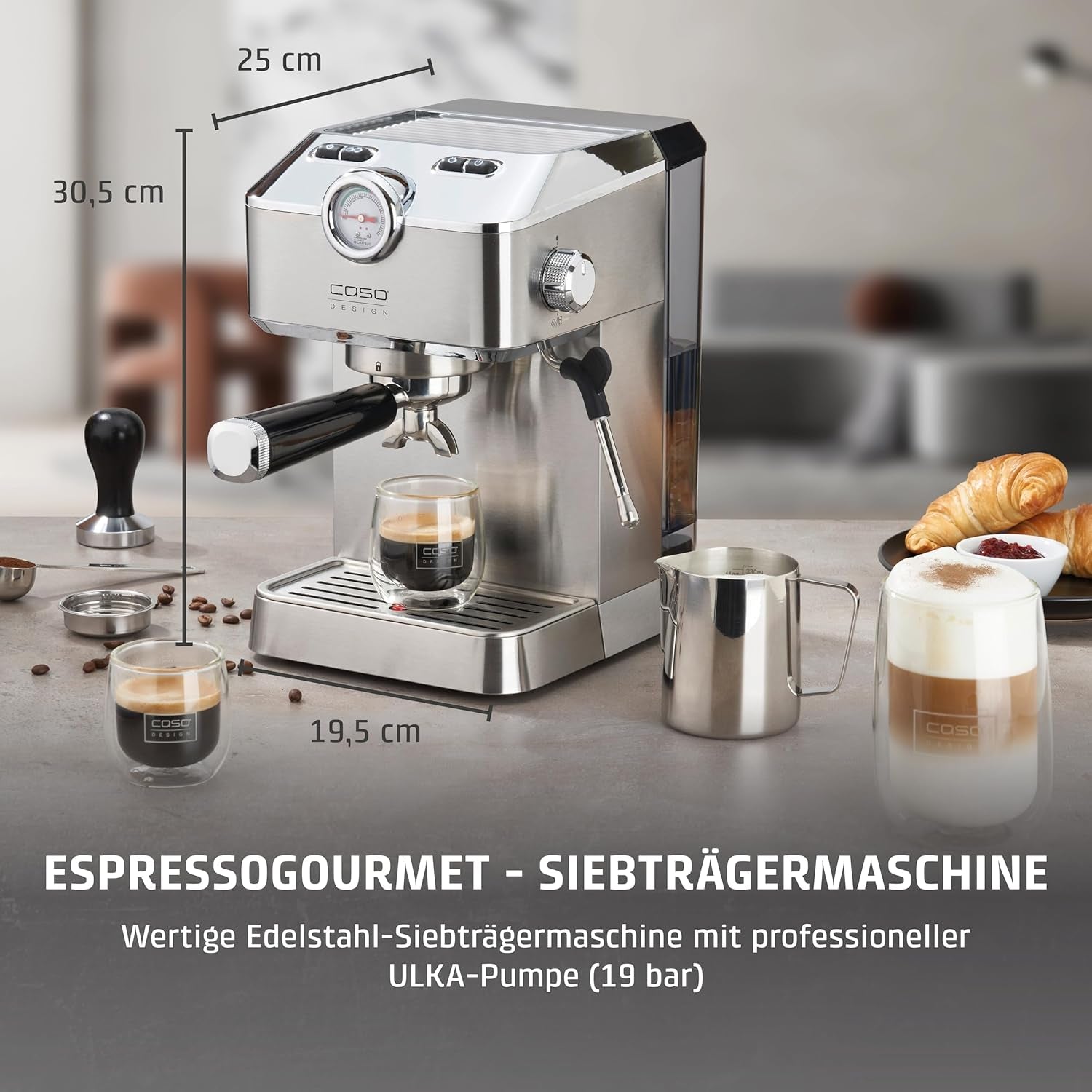 Caso Espresso Gourmet – Siebträger-Espressomaschine aus Edelstahl, leistungsstarke 19-bar-Ulka-Pumpe, mit Milchaufschäumer, für gemahlenen Kaffee oder ESE-Kaffeekapseln, für 2 Tassen, mit Tassenwärmer