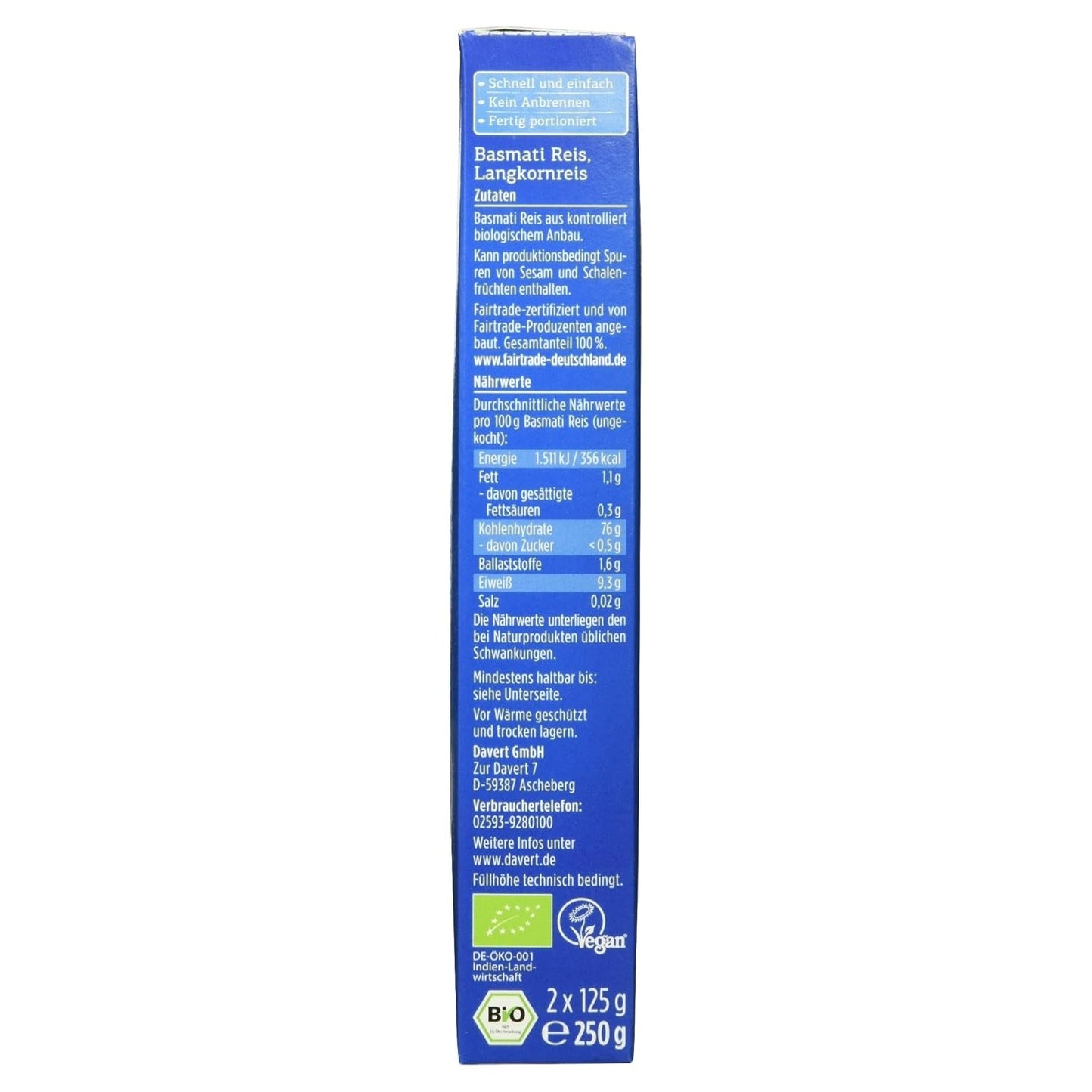 Davert Bio-Basmatireis im Kochbeutel, 2 Beutel, 250g