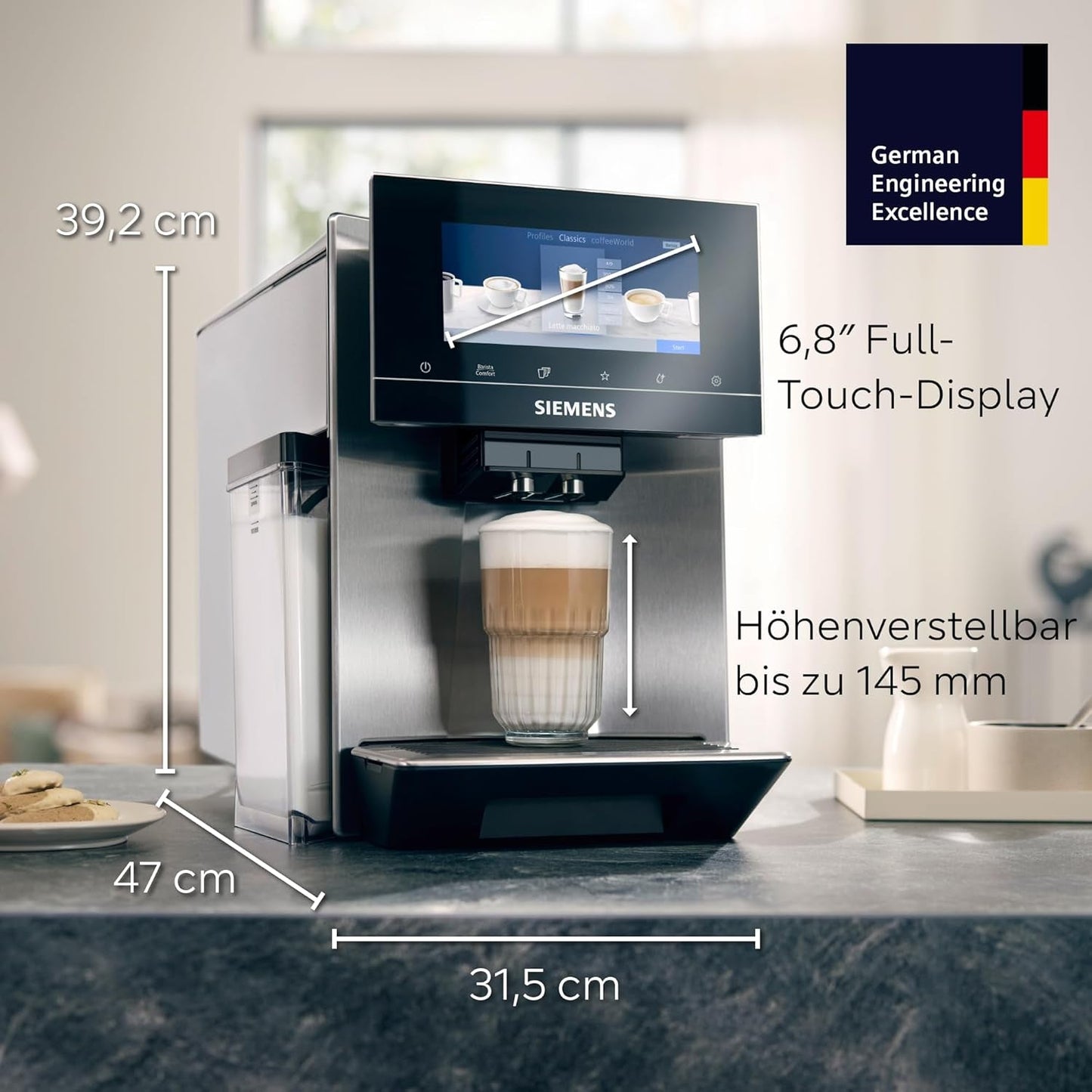 Siemens EQ900 TQ903D03 Automatische Espressomaschine, App-Steuerung, intuitives Touch-Display, Barista-Modus, AromaBoost, Geräuschreduzierung, Premium-Mahlwerk, automatische Dampfreinigung, 1500 W, Edelstahl
